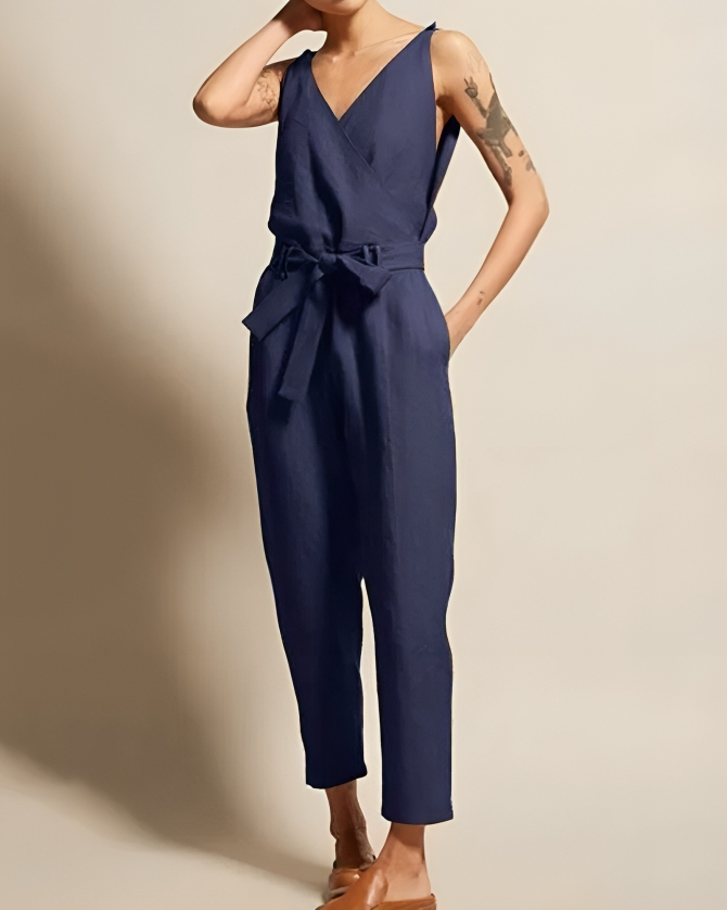 Damen Jumpsuit Elegant Luftig Leinen mit Verstellbarem Gürtel für Sommer-1