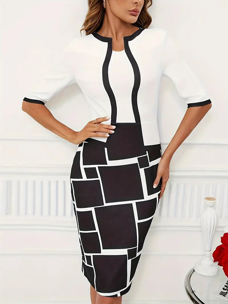 Variant image for Damen Kleid Zwei-in-Eins Geo-Print Rundhalsausschnitt Hochwertiger Stoff-1