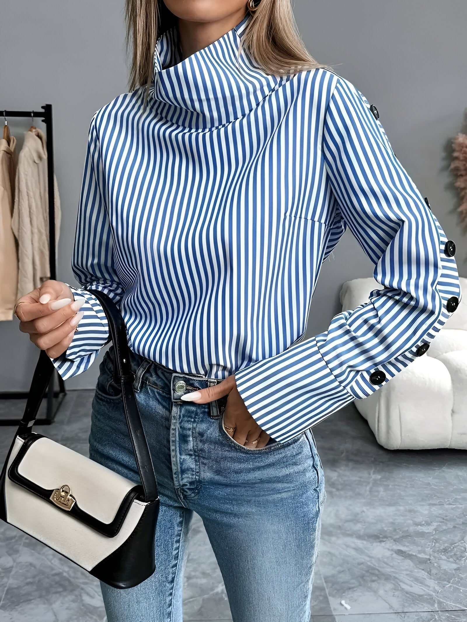 Damen Langarmshirt Hoher Kragen Streifen Baumwolle Modernes Design-2