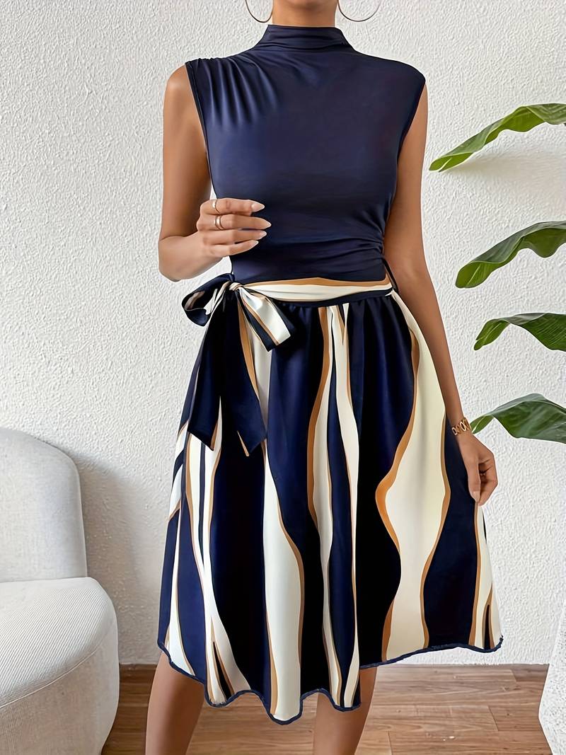 Damen Patchwork Kleid Mit Gürtel Streifendruck Baumwollmischung-3