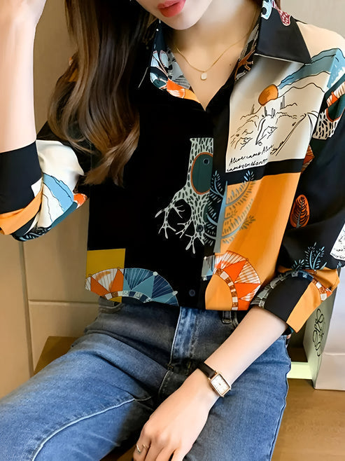 Variant image for Damenbluse Vintage Stil 100% Baumwolle mit Print für Elegante Anlässe-1