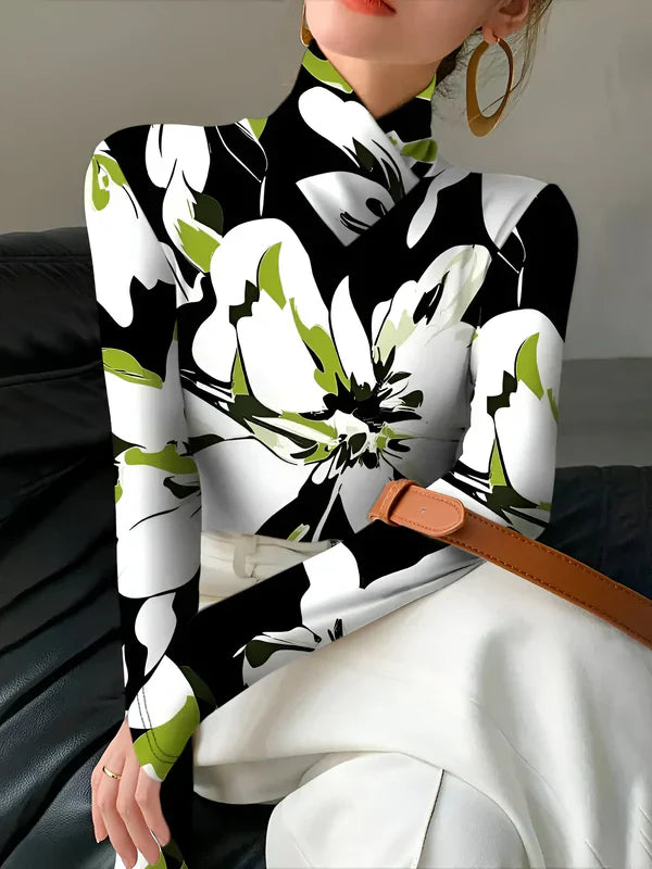 Damen Rollkragen Langarmshirt mit Blumendruck aus Baumwolle-5