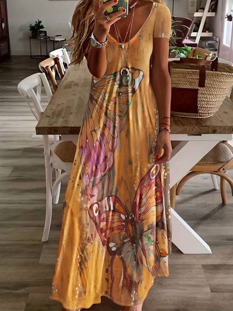 Variant image for Damen Kleid V-Ausschnitt Schmetterlingsdruck Leicht Polyester für Sommerveranstaltungen-25