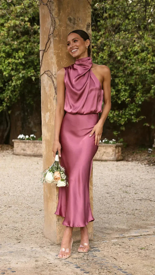 Damen Abendkleid One-Shoulder Satin Elegantes Cocktailkleid für Festliche Anlässe-6