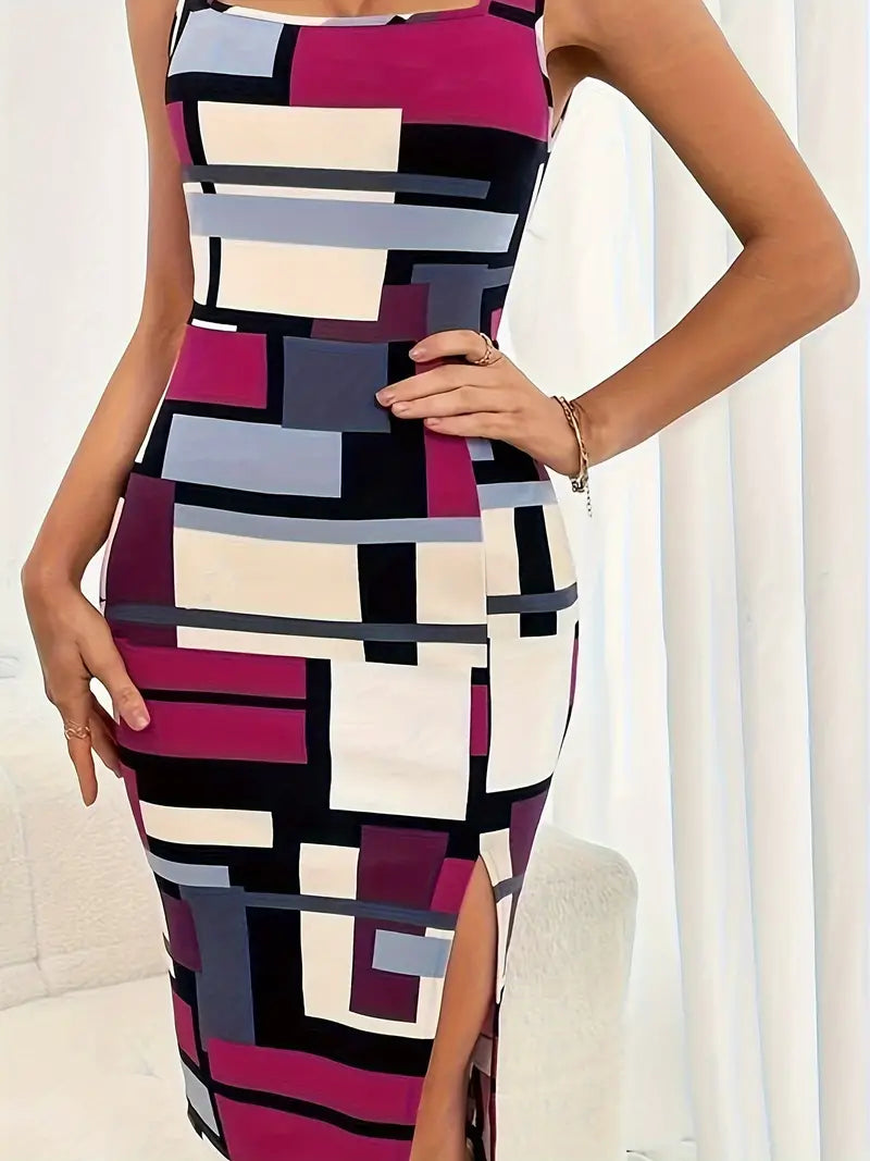 Damen Bleistiftkleid Farbblock Design Figurbetont Polyester-4