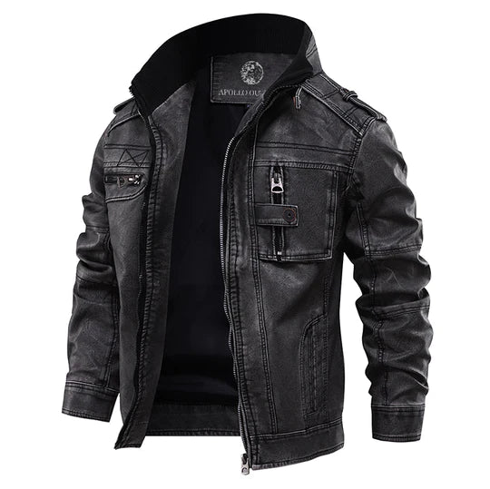 Herren Lederjacke Motorradstil Hochwertiges Leder Schwarz-1