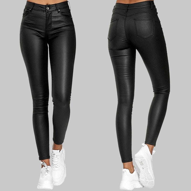 Damen Lederhose Hohe Taille Stretch Kunstleder 1