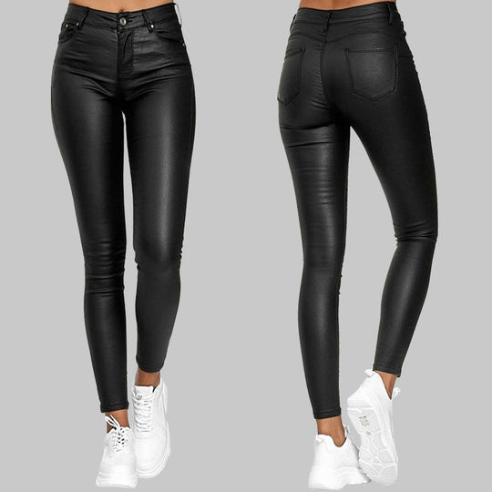 Damen Lederhose Hohe Taille Stretch Kunstleder 1
