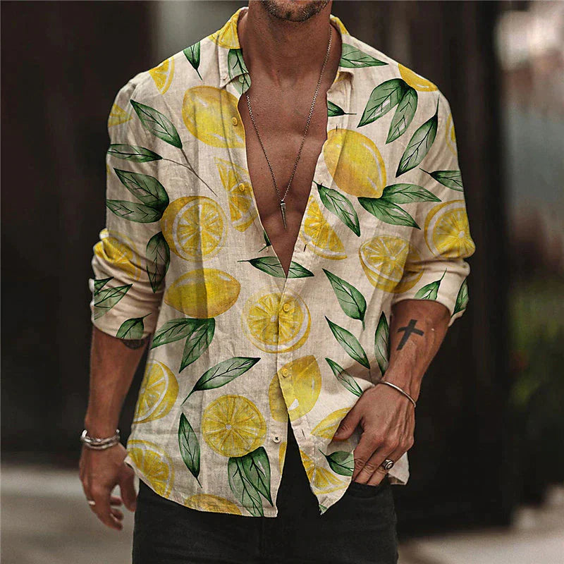 Variant image for Herren Sommerhemd Kurzarm Lemon Print Atmungsaktive Baumwolle-1