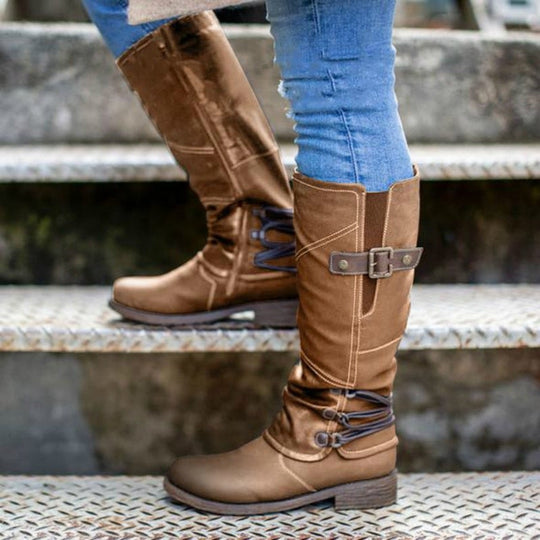 Damen Vintage Leder Zipper Stiefel