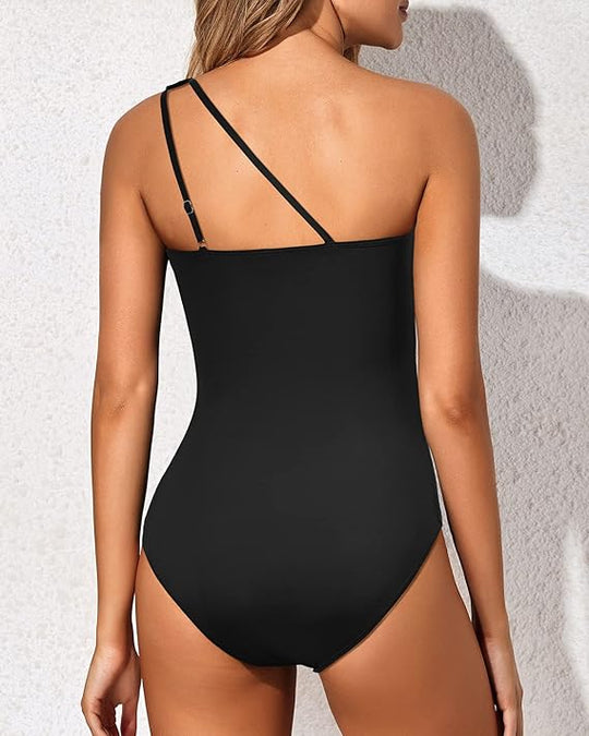 Damen Badeanzug Einteiler One-Shoulder Stil mit Geraffter Bauchpartie 8