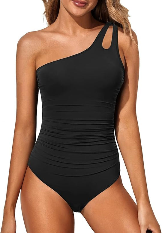 Damen Badeanzug Einteiler One-Shoulder Stil mit Geraffter Bauchpartie 9