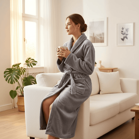 Damen Bademantel mit Gürtel und Seitentaschen für Winterabende 3