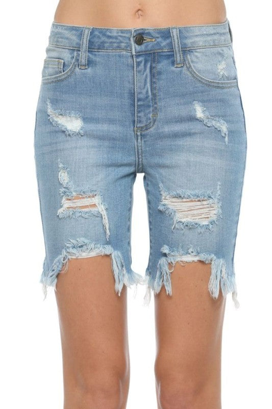 Damen Bermuda Shorts mit unregelmäßigem Saum aus Denim 3