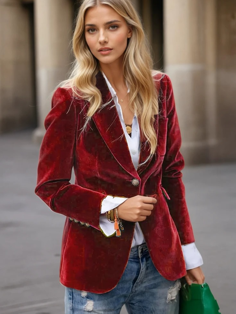Damen Blazer Retro Elegant Ein-Knopf Samt 1