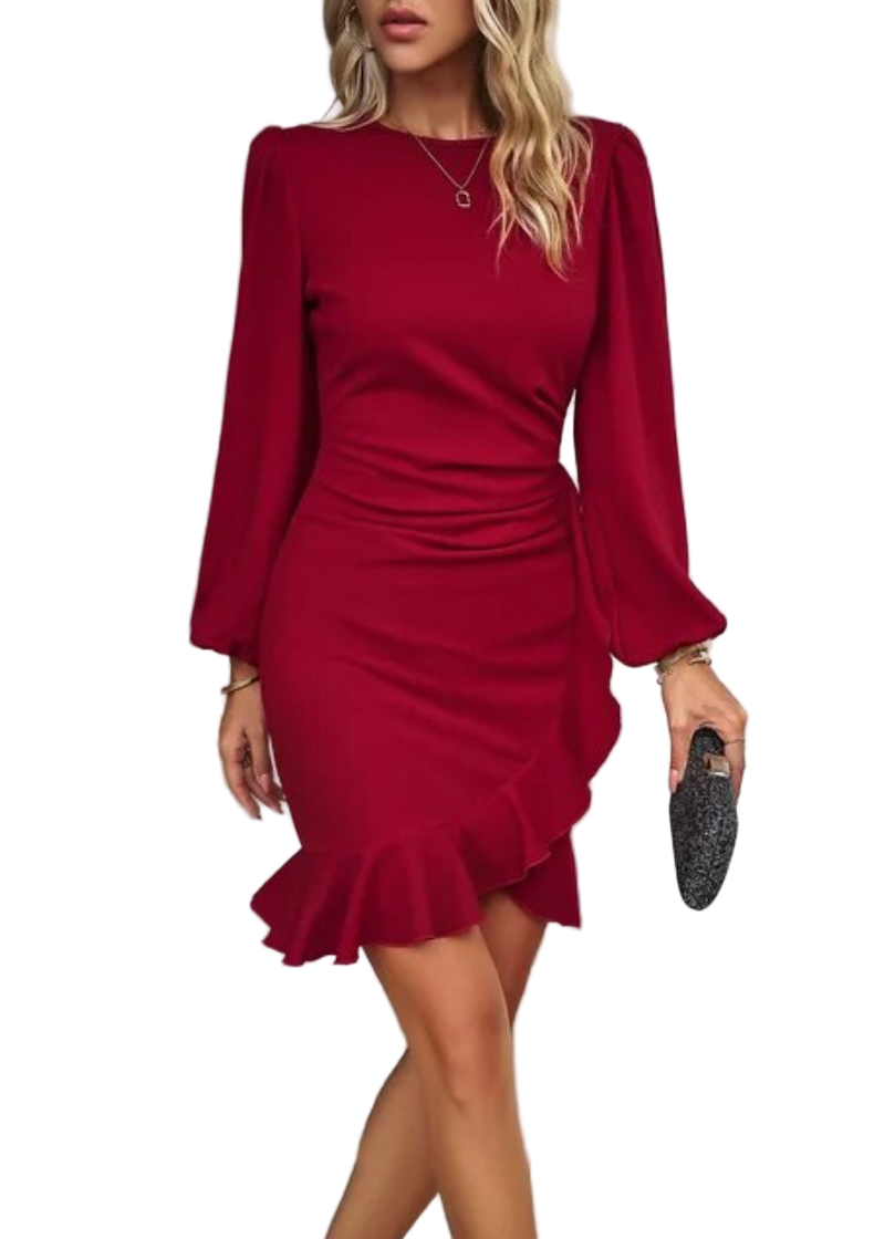 Damen Bodycon Kleid mit Rüschen und langen Ärmeln 0
