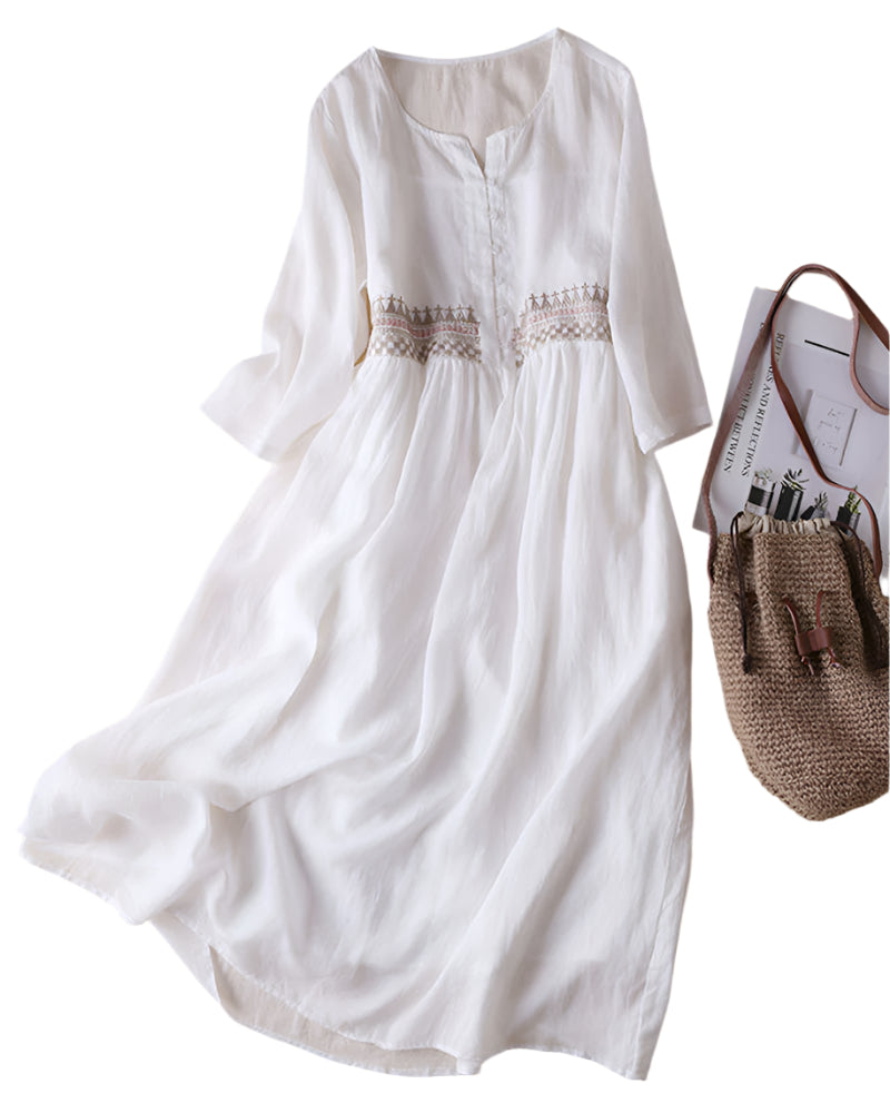 Damen Bohemian Kleid mit Baumwolle und Leinen 0