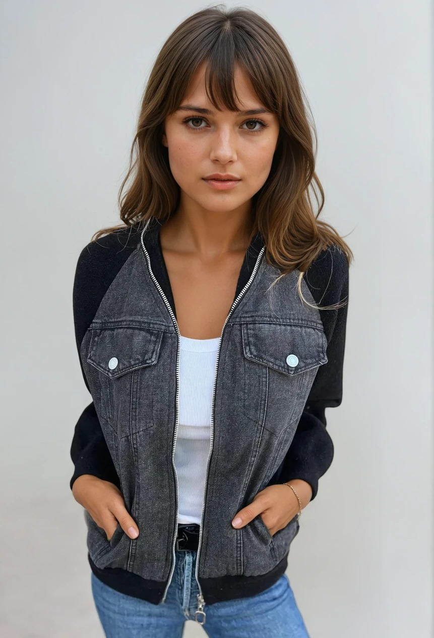 Damen Bomberjacke Klassisch Denim mit Strickärmeln 1