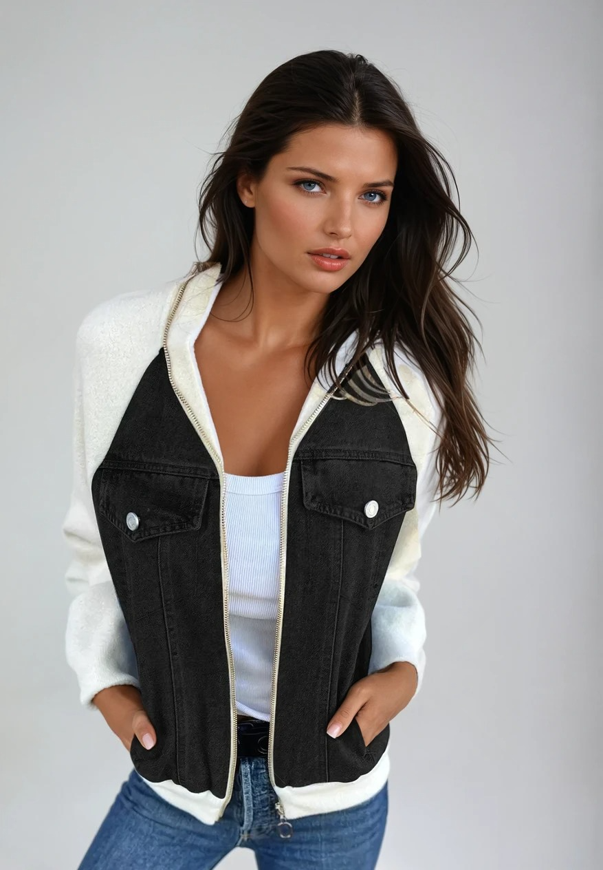 Damen Bomberjacke Klassisch Denim mit Strickärmeln 2