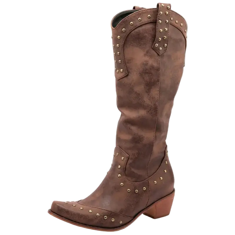 Damen Cowboylaarzen Westernstil Kunstleder mit Spitzer Zehe und Studs 0
