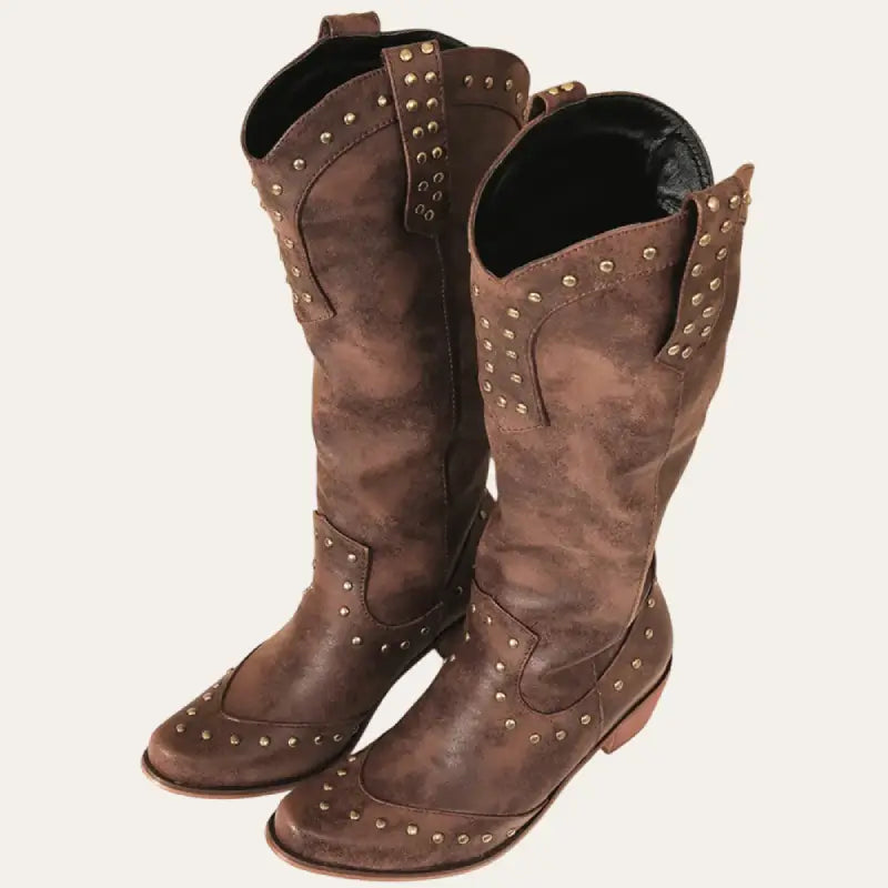 Damen Cowboylaarzen Westernstil Kunstleder mit Spitzer Zehe und Studs 1