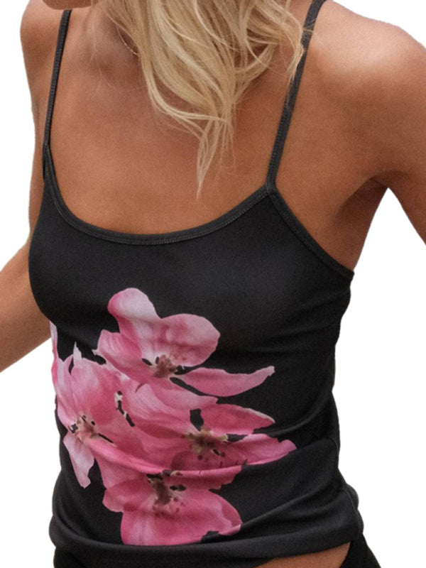 Damen Crop Top Floral Print Rückenausschnitt Spaghetti-Träger 5