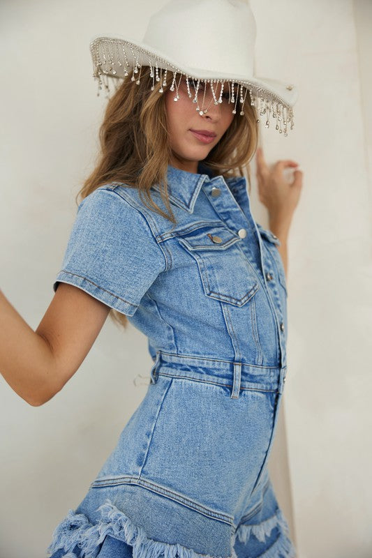 Damen Denim Overall mit Knopfleiste und Fransen 5