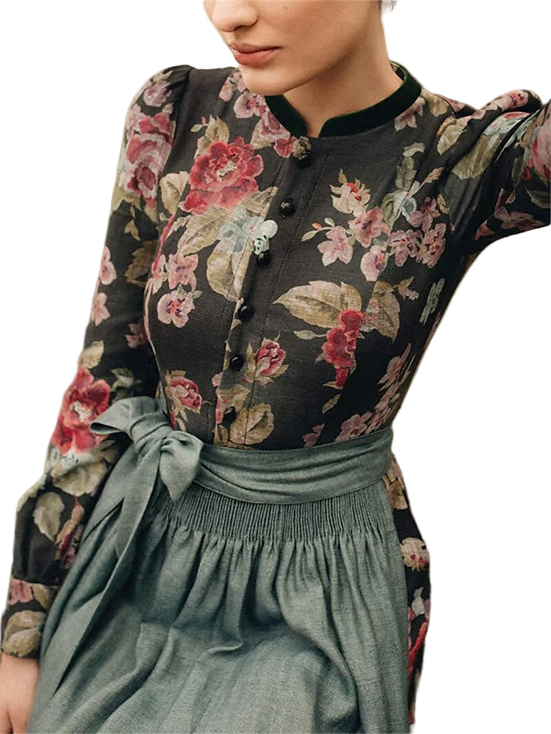 Damen Dirndlkleid Lang Vintage Blumenmuster mit Schürze aus Hochwertigem Stoff 0