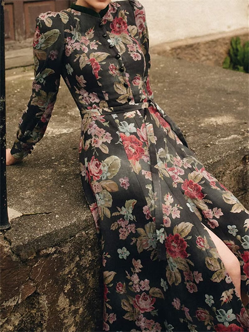Damen Dirndlkleid Lang Vintage Blumenmuster mit Schürze aus Hochwertigem Stoff 1