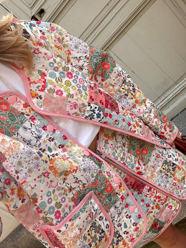 Damen Dünner Steppmantel Rundhalsausschnitt Floral Polyester 1