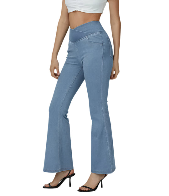Damen Flared Pants Hochgeschnitten Elastisch Stoffhose 0