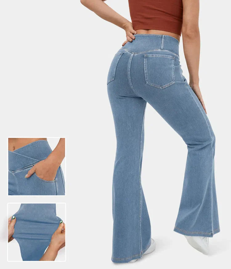 Damen Flared Pants Hochgeschnitten Elastisch Stoffhose 1