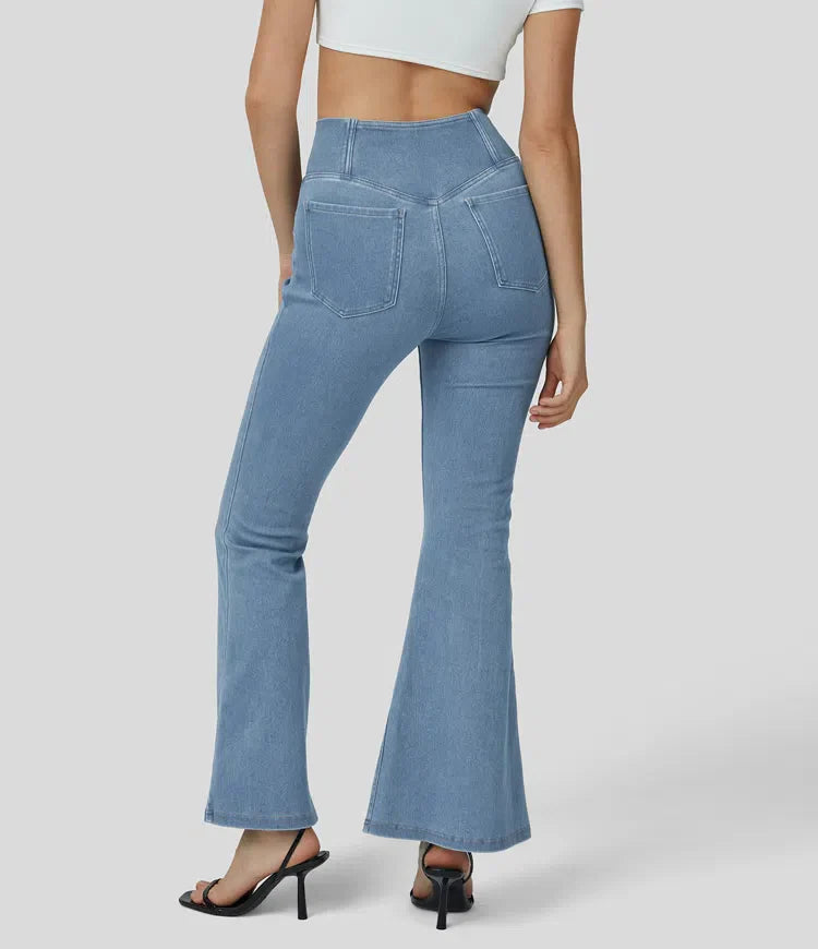 Damen Flared Pants Hochgeschnitten Elastisch Stoffhose 2