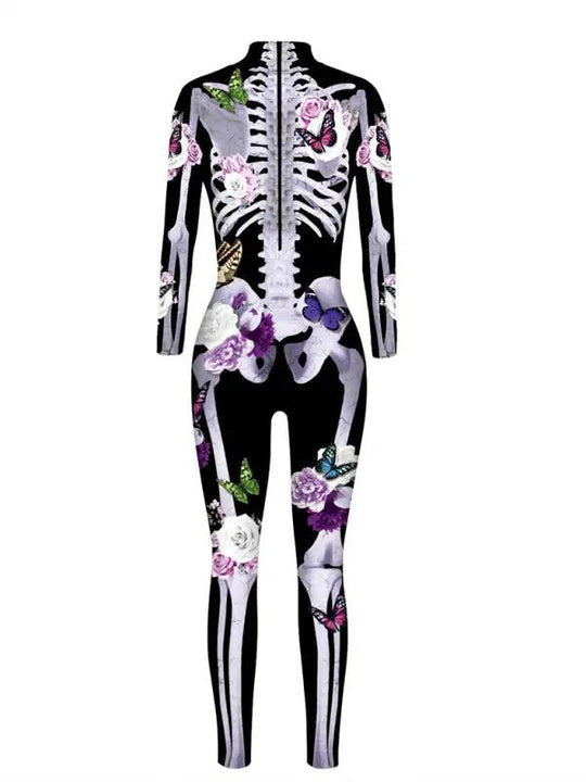 Damen Halloween Kostüm Geblümter Skelettdruck 1