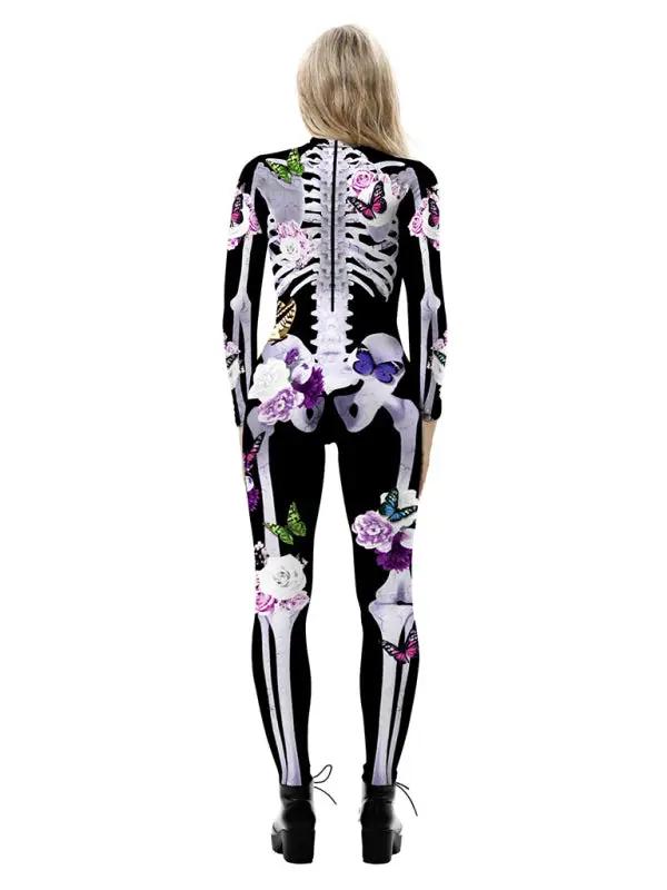Damen Halloween Kostüm Geblümter Skelettdruck 2