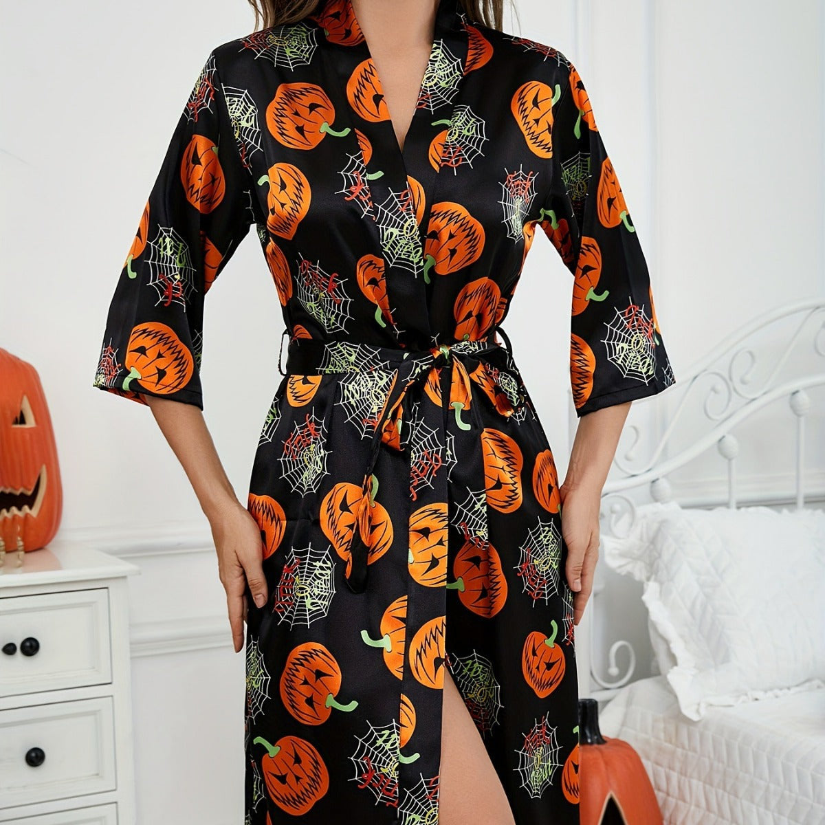 Damen Halloween Kostüm Robe mit Kürbis-Muster 0