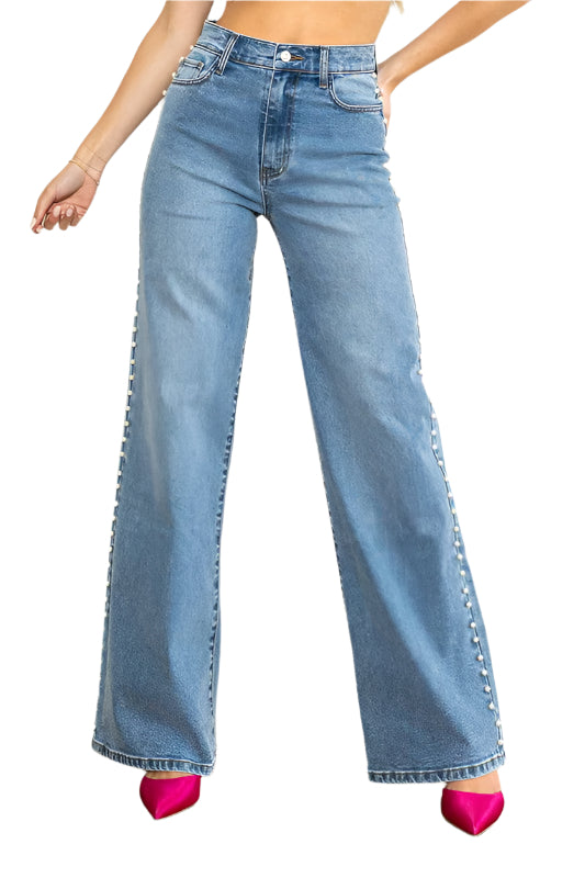Damen High Rise Weite Jeans mit Perlenbesatz in Mittelstein 0