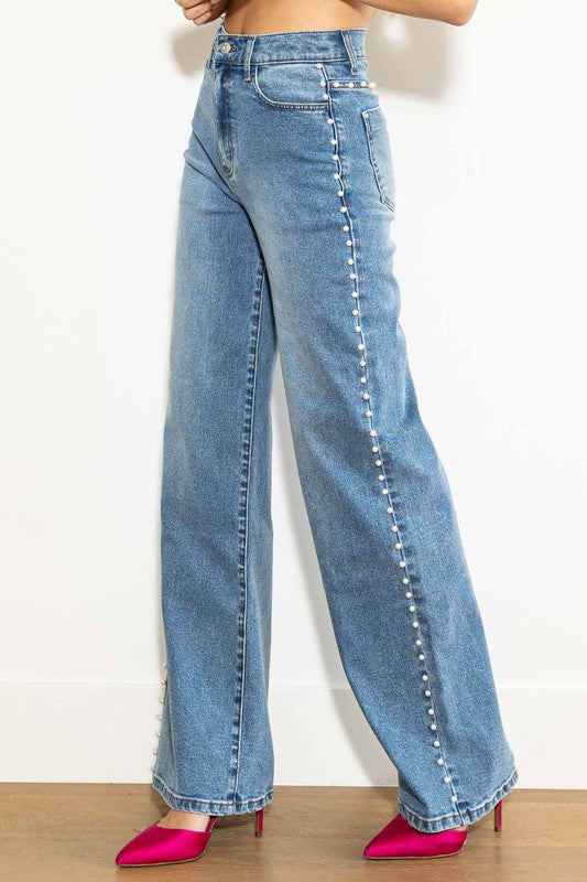 Damen High Rise Weite Jeans mit Perlenbesatz in Mittelstein 1