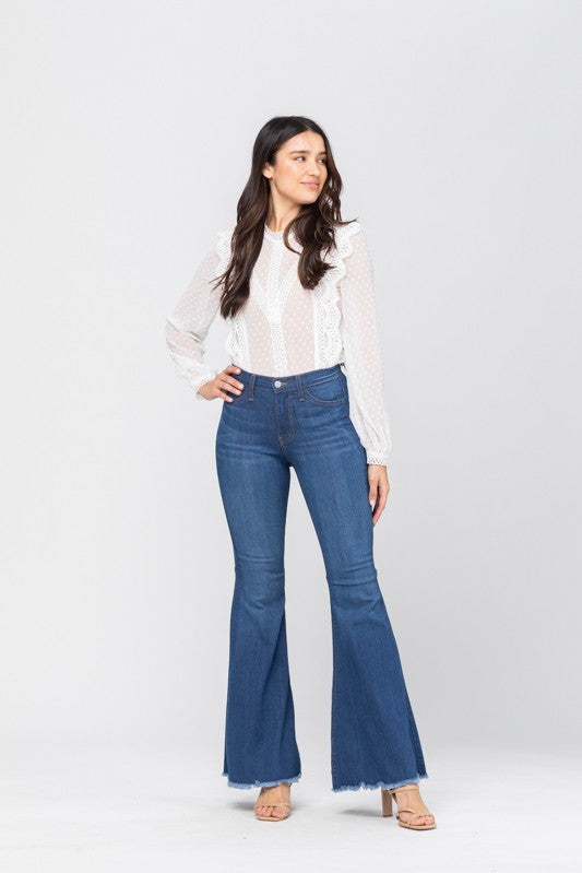 Damen High Waist Super Flare Jeans Mittelblau 1