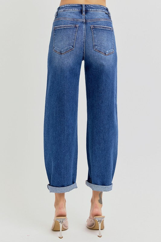Damen Hochgeschnittene Crop Jeans Mittelblau 2
