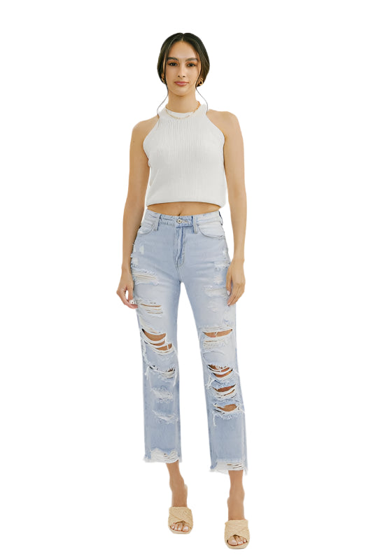 Damen Hochtaillierte Jeans Mit Distressed-Details Denim 0