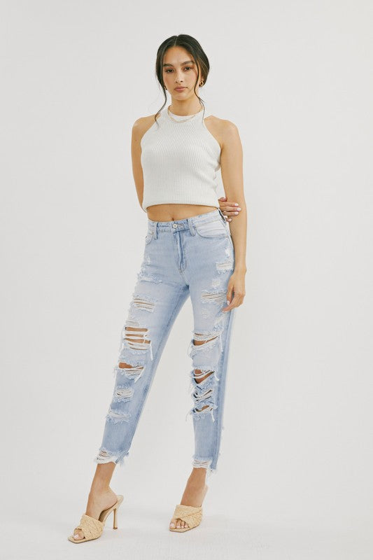 Damen Hochtaillierte Jeans Mit Distressed-Details Denim 1
