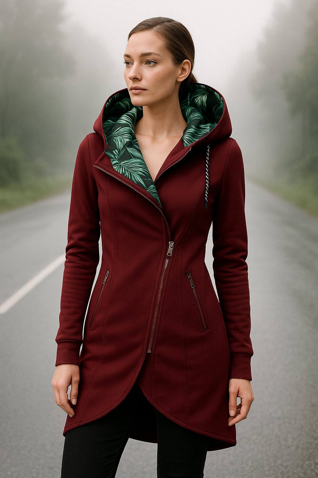 Damen Hoodie Wasserabweisend Tropenmuster Enganliegend 1