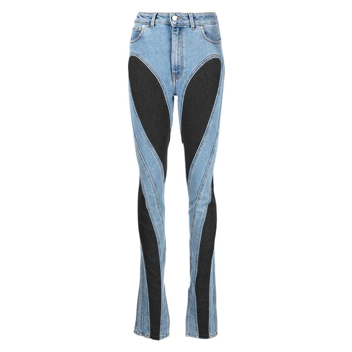 Damen Jeans Hochgeschnitten Niche Design mit Farbblockierung 0