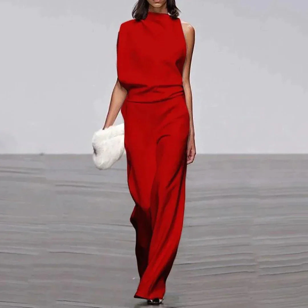 Damen Jumpsuit Asymmetrisch Hoher Kragen Festlich Tailliert Dehnbar 2