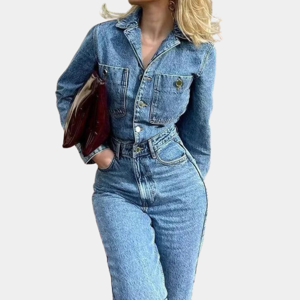 Damen Jumpsuit Denim Stil Mit Langen Ärmeln 1