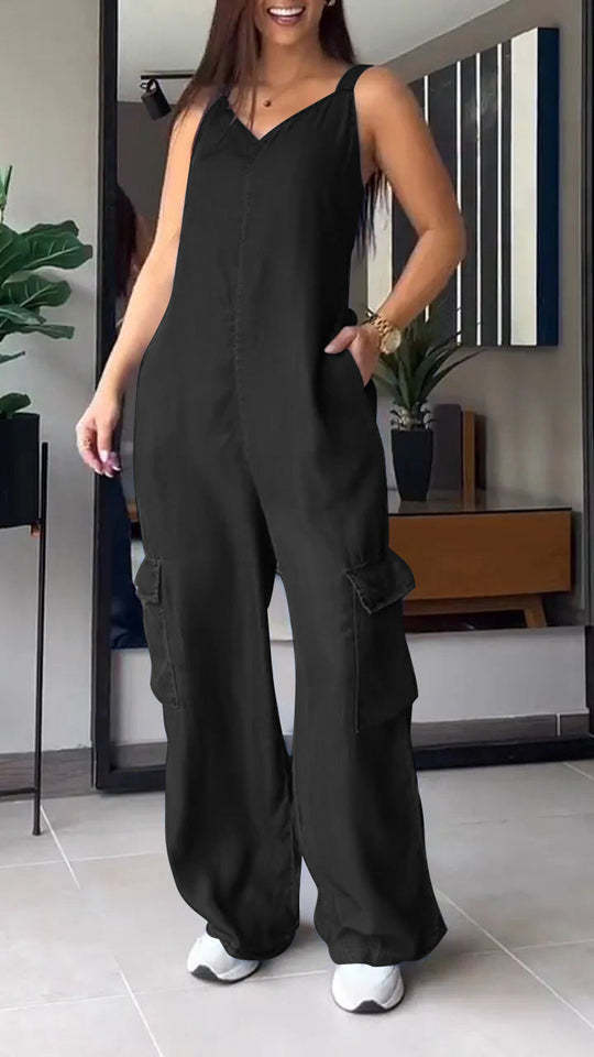 Damen Jumpsuit Denim V-Ausschnitt Hochtailliert 0