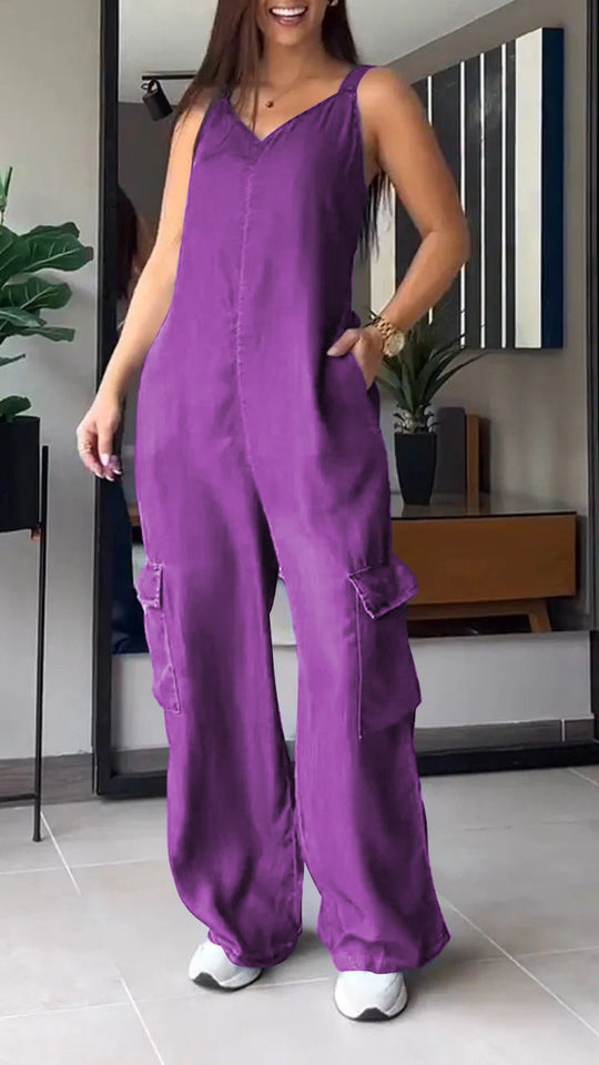 Damen Jumpsuit Denim V-Ausschnitt Hochtailliert 12