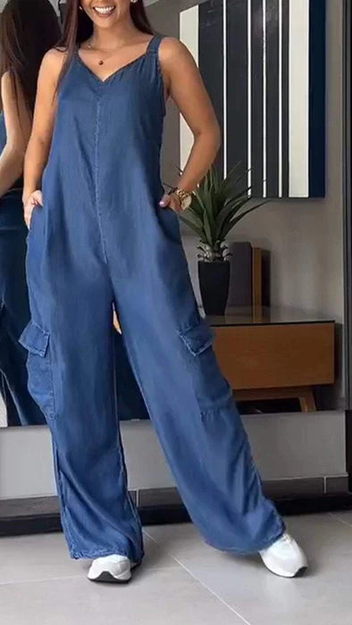 Damen Jumpsuit Denim V-Ausschnitt Hochtailliert 2