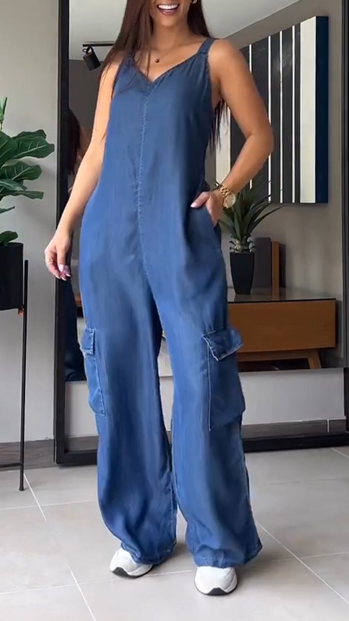 Damen Jumpsuit Denim V-Ausschnitt Hochtailliert 6